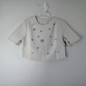 Erqi White Embellished 2 Piece Top & Skirt Set Crystal Floral Size L NWOT